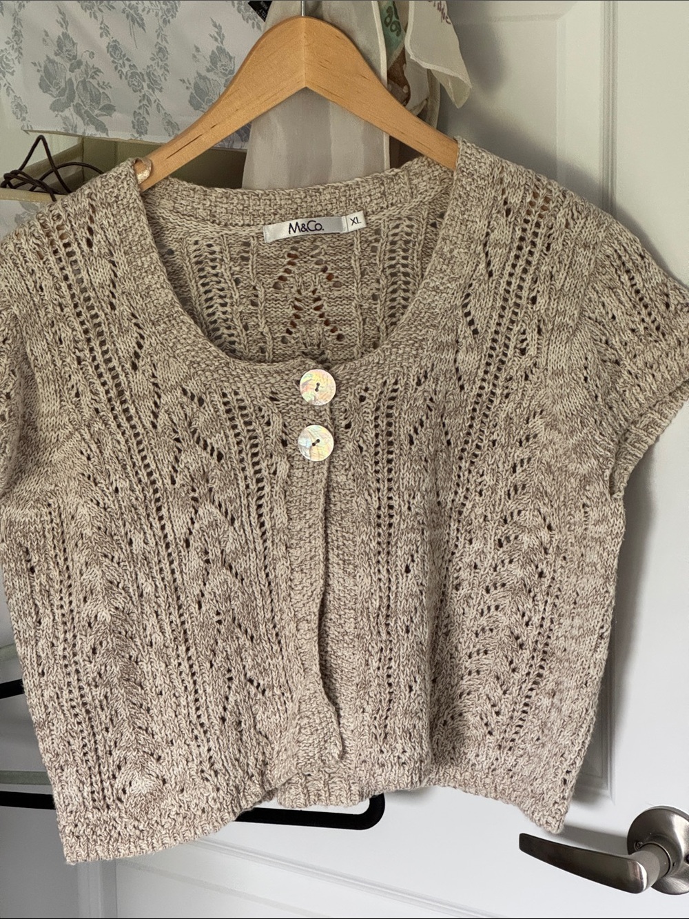 Beige Short-Sleeve Knit Cardigan Sweater